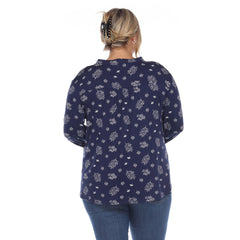 Plus Size Pleated Long Sleeve Leaf Print Blouse