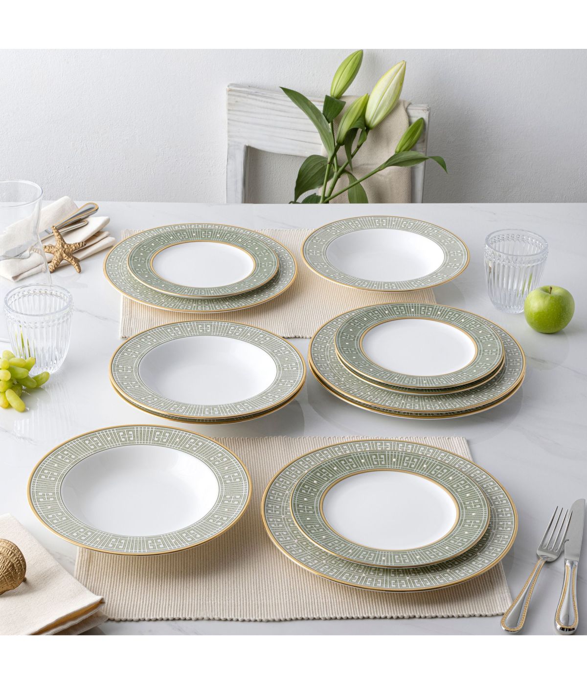  Noritake Infinity 12 Piece Set, Service for 4 - Green/Gold - Bonton