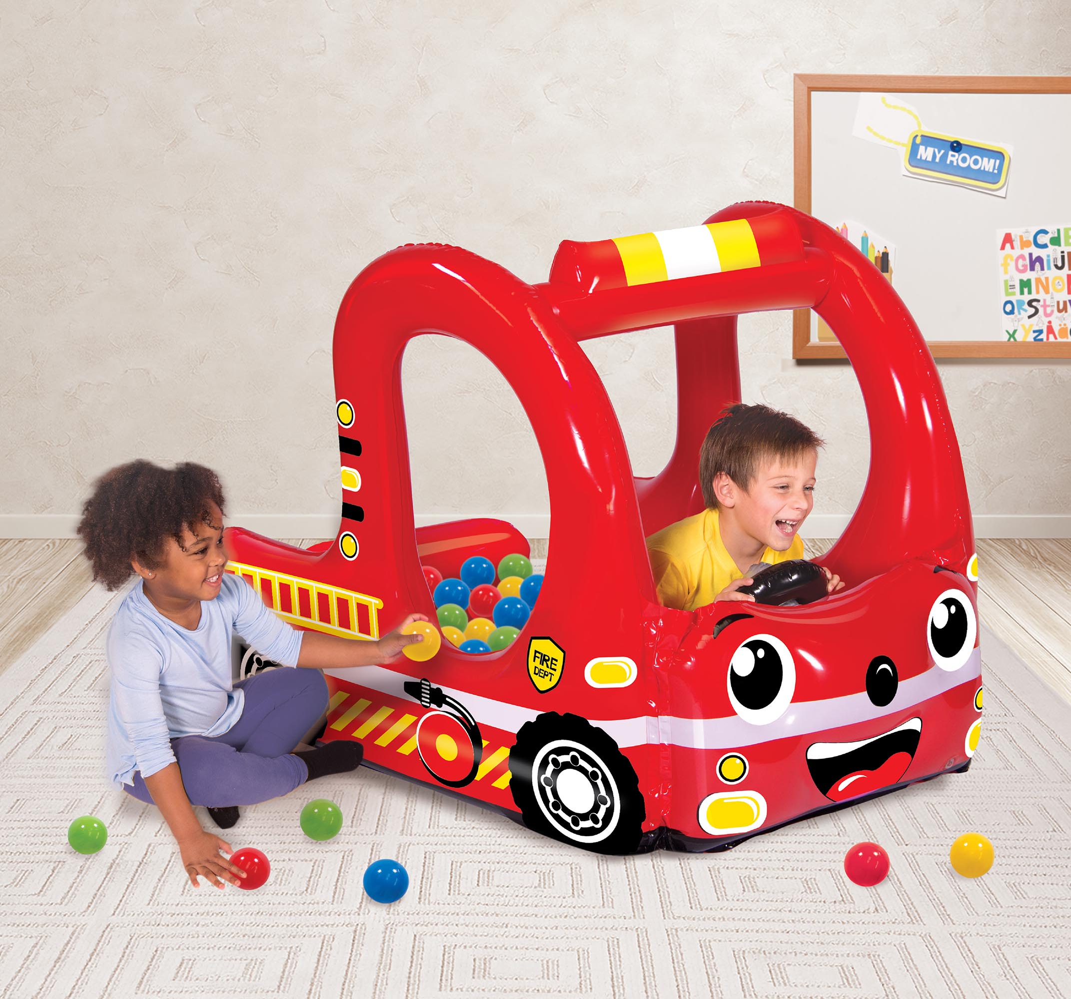  Banzai Banzai Rescue Fire Truck Play Center Inflatable Ball Pit -Includes 20 Balls - Multi - Bonton