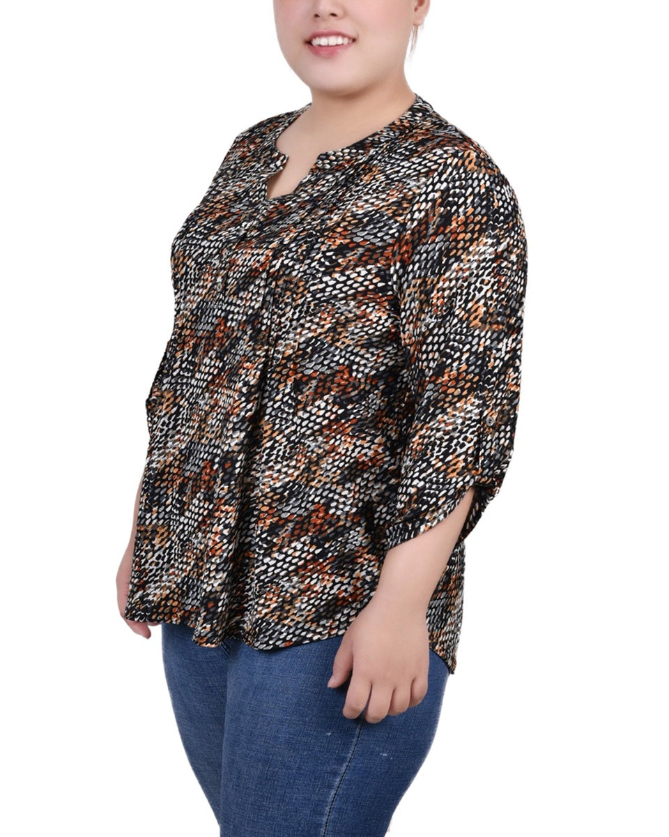  NY Collection Plus Size 3/4 Roll Tab Sleeve Y Neck Top - Grey Floral - Bonton