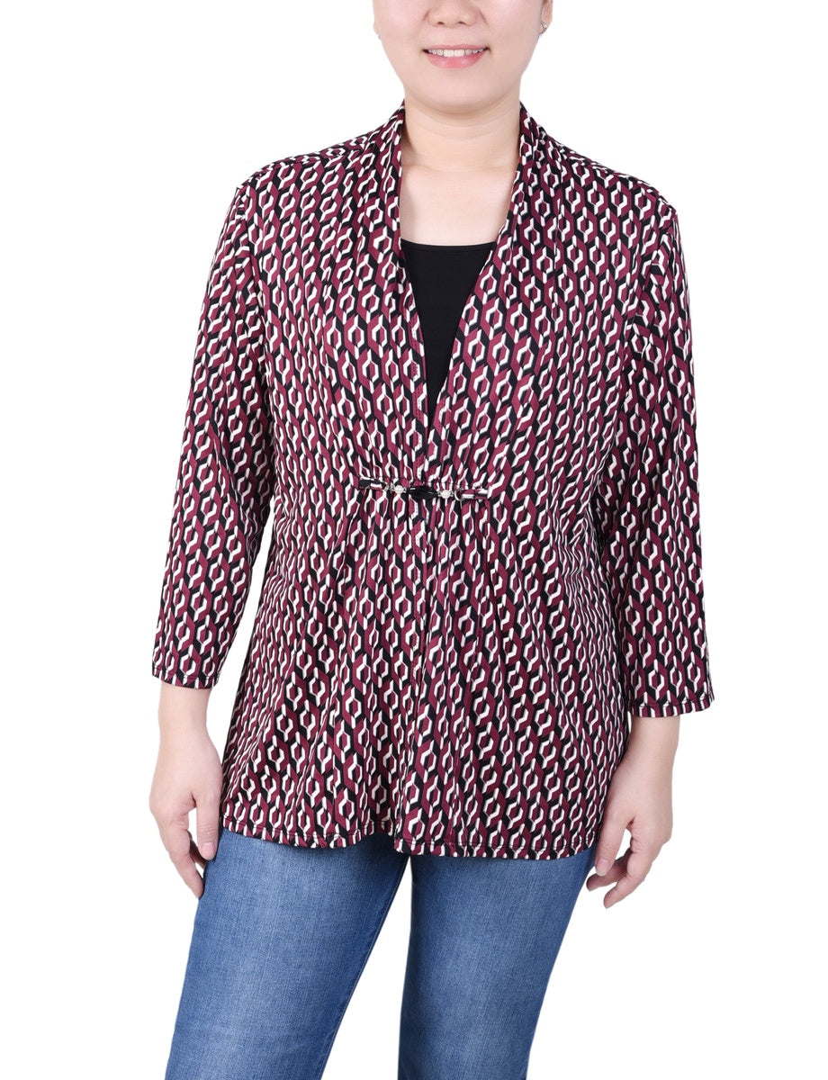  NY Collection Petite Puff Print 3/4 Sleeve Two-Fer Top - Jester Red Ivory Geo - Bonton