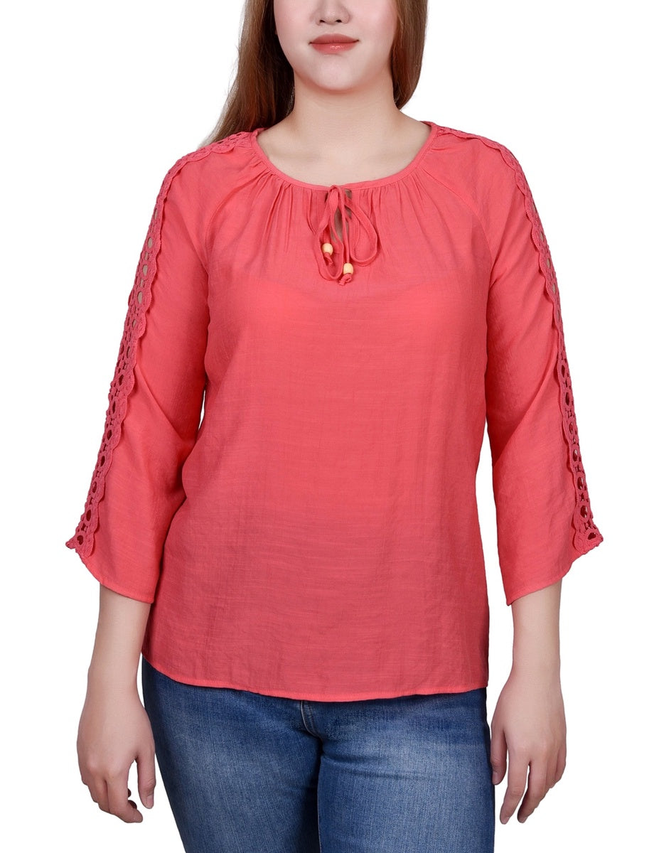  NY Collection 3/4 Sleeve Crochet Detail Blouse - Blue - Bonton