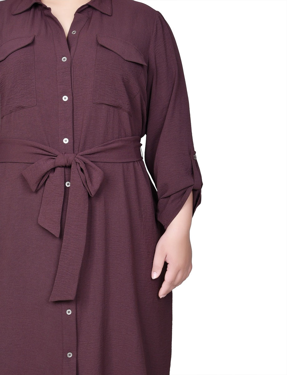  NY Collection Plus Size Long Roll Tab Sleeve Shirtdress - Burnt Olive - Bonton