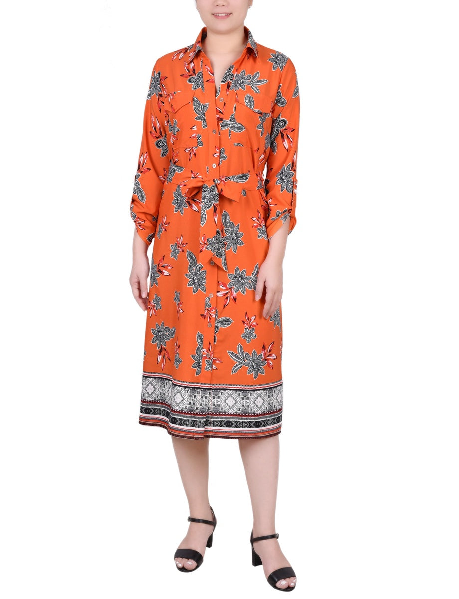  NY Collection 3/4 Roll Tab Sleeve Belted Shirtdress - Black Border - Bonton