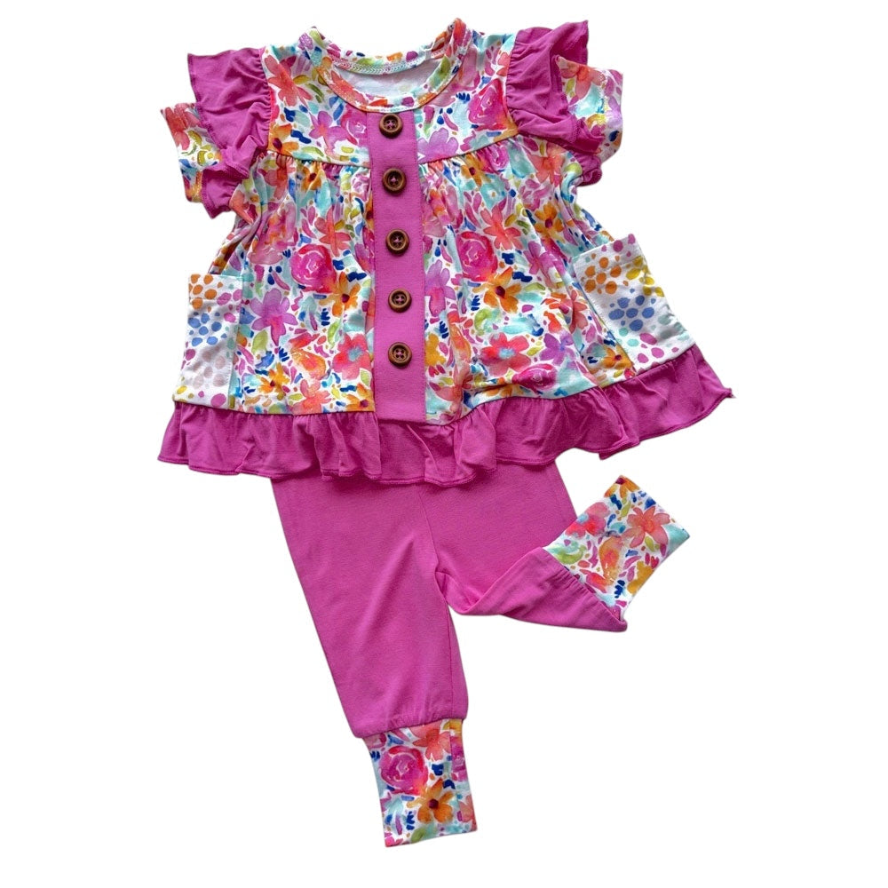  Laree + Co. Korrie Floral Bamboo Short Sleeve Peplum + Legging Set - 0_3M - Bonton