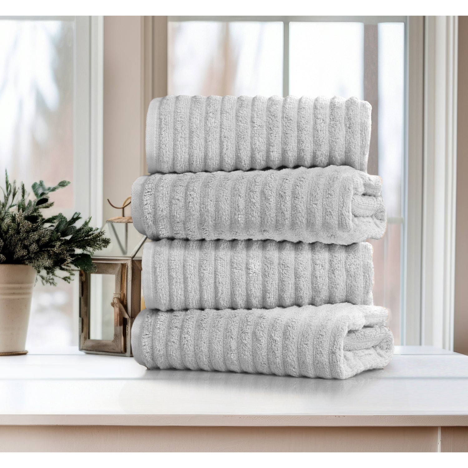  Bibb Home Bibb Home 4 Pack Ribbed Egyptian Cotton Bath Towel Set - White - Bonton