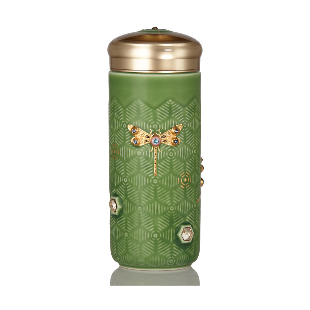  Acera Dragonfly Serenity Travel Mug With Crystals - White and Hand Painted Gold with Crystals - Bonton