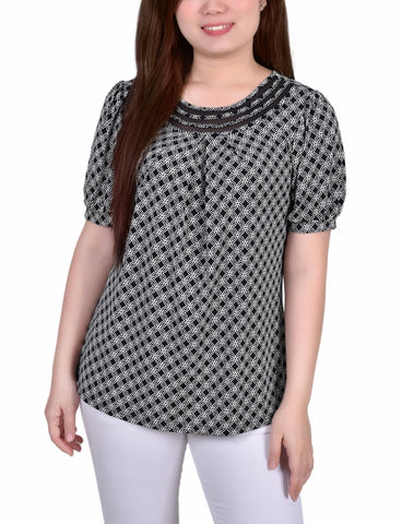 Petite Short Puff Sleeve Mesh Inset Top
