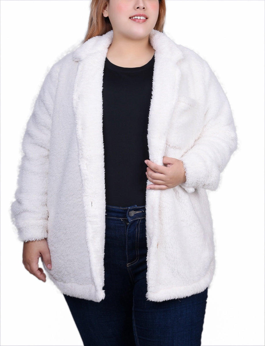  NY Collection Plus Size Long Sleeve Button Front Sherpa Jacket - Ivory - Bonton
