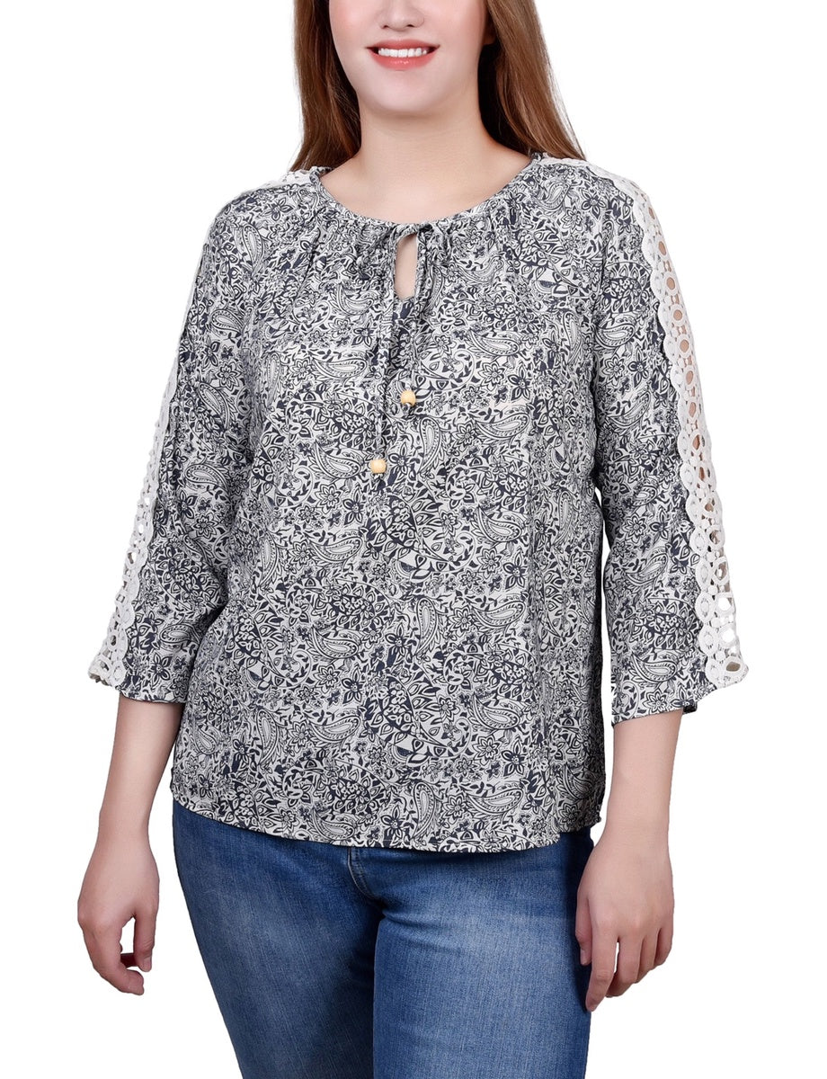 NY Collection 3/4 Sleeve Crochet Detail Blouse - Blue - Bonton