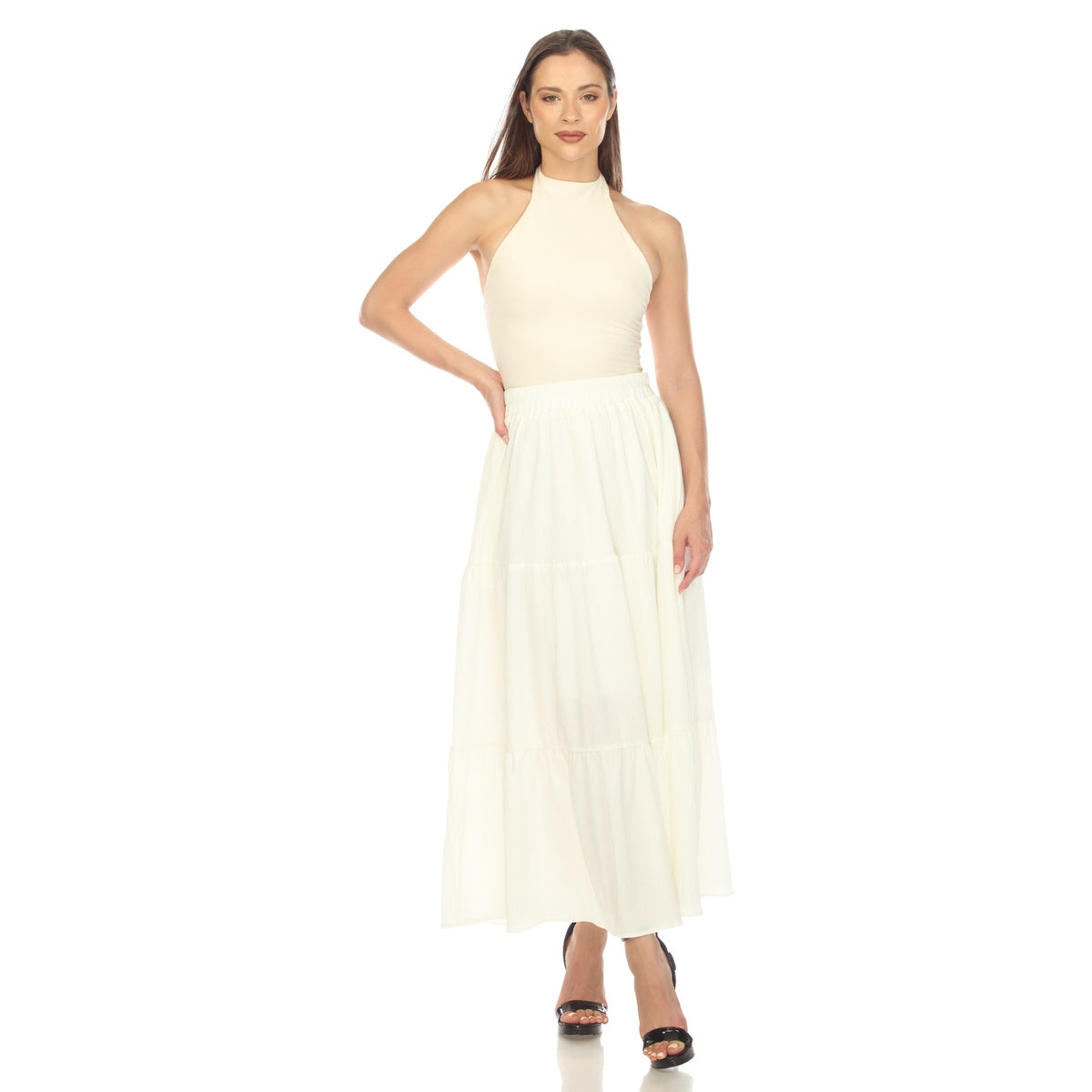  White Mark Women's Pleated Tiered Maxi Skirt - M - Bonton