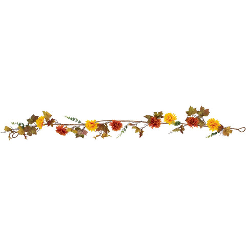 5.5' X 6" Autumn Harvest Orange and Yellow Mums With Maple Leaves Garland - Unlit