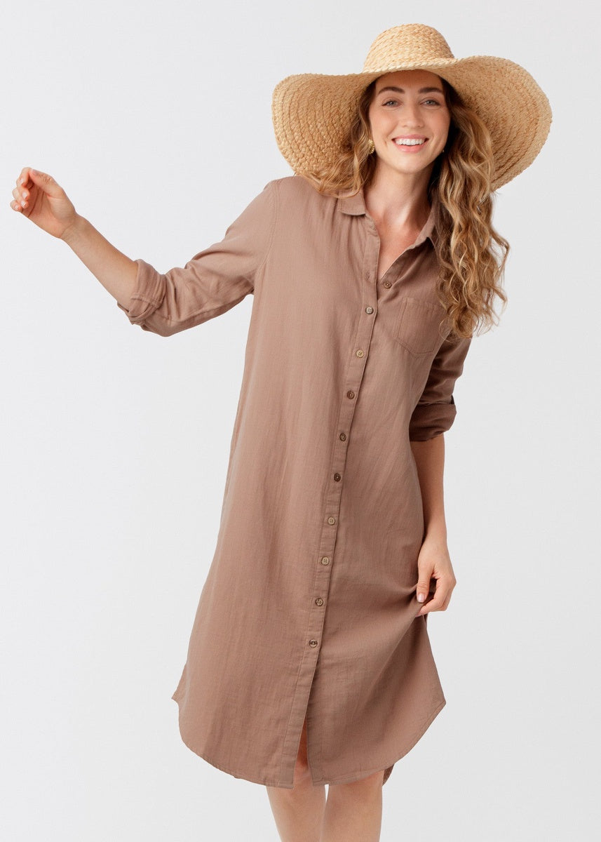  Cabana Life Sand Gauze Button Down Shirt Dress - XS - Bonton