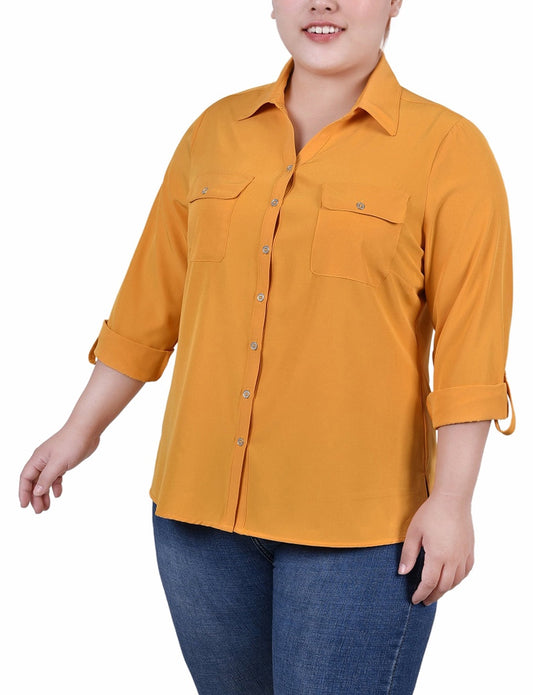 3/4 Roll Tab Blouse With Pockets