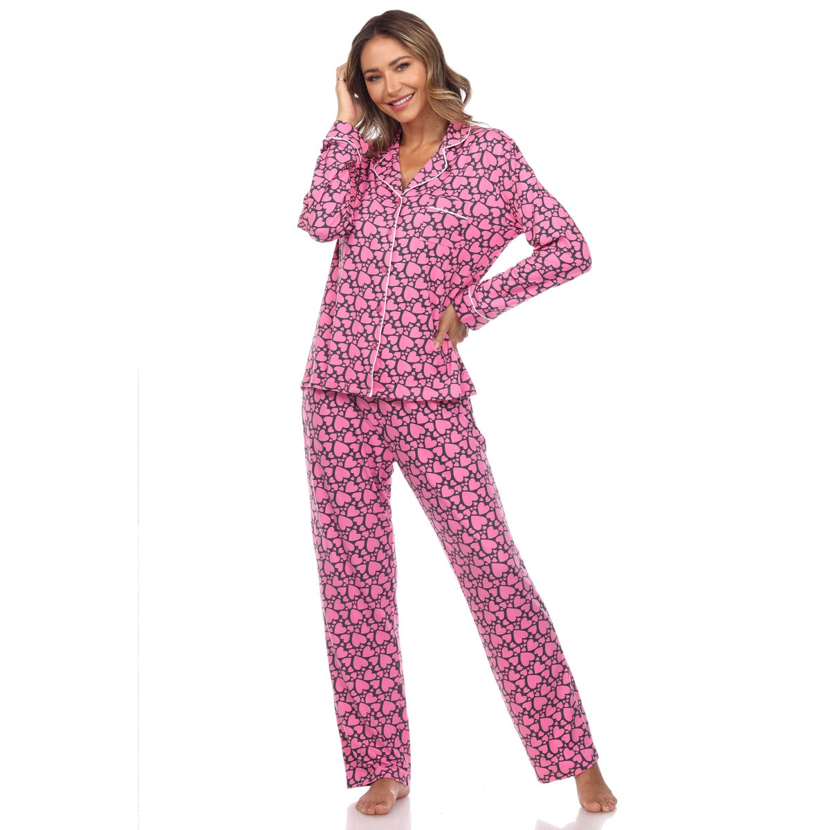  White Mark Women's Long Sleeve Heart Print Pajama Set - M - Bonton