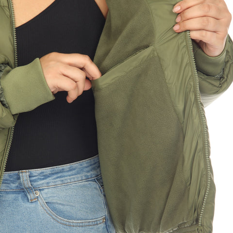 Plus Size Full Front Zip Hooded Bomber Puffer Coat