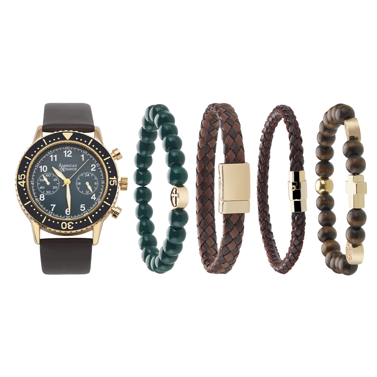  American Exchange Analog Watch-Cross Bead Bracelet Set - Brown - Bonton