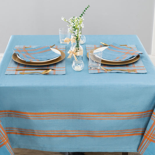 Boulevard 60" X 84" Linen Tablecloth – Denim and Terracotta