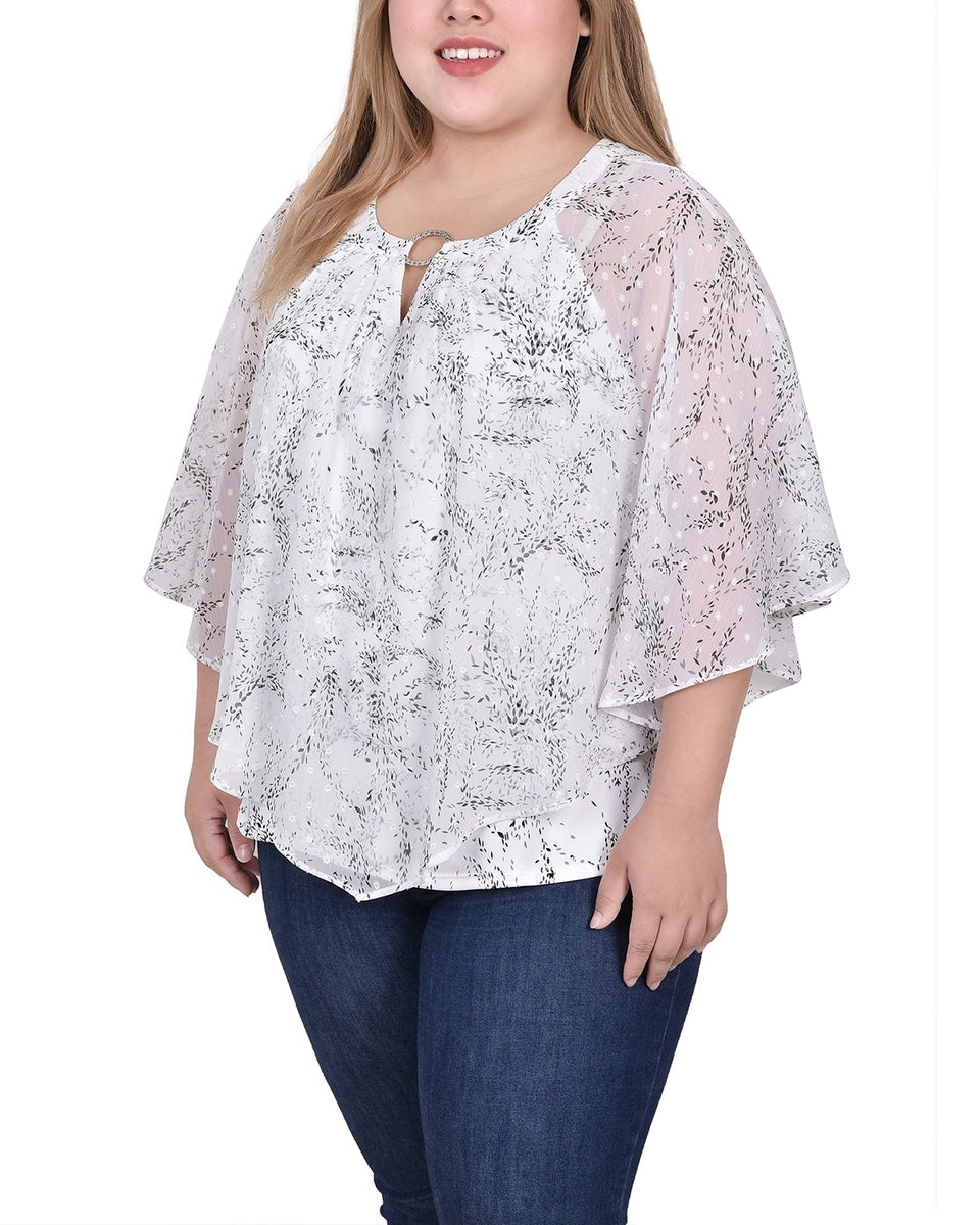  NY Collection Plus Size Chiffon Poncho Top With Ring - Ivory Floral - Bonton