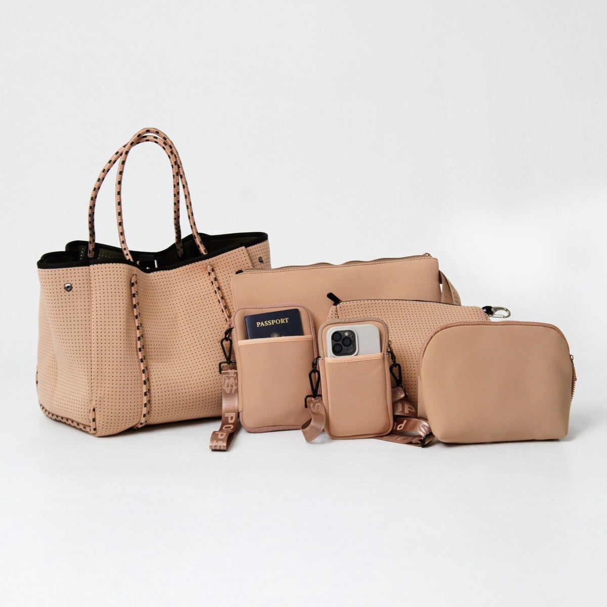  Pop Ups Brand Tan Set: Everyday Tote + Oversized Wristlet Pouch + Essential Pouch + Makeup Pouch Set + Passport Wallet + Phone Bag - Default Title - Bonton