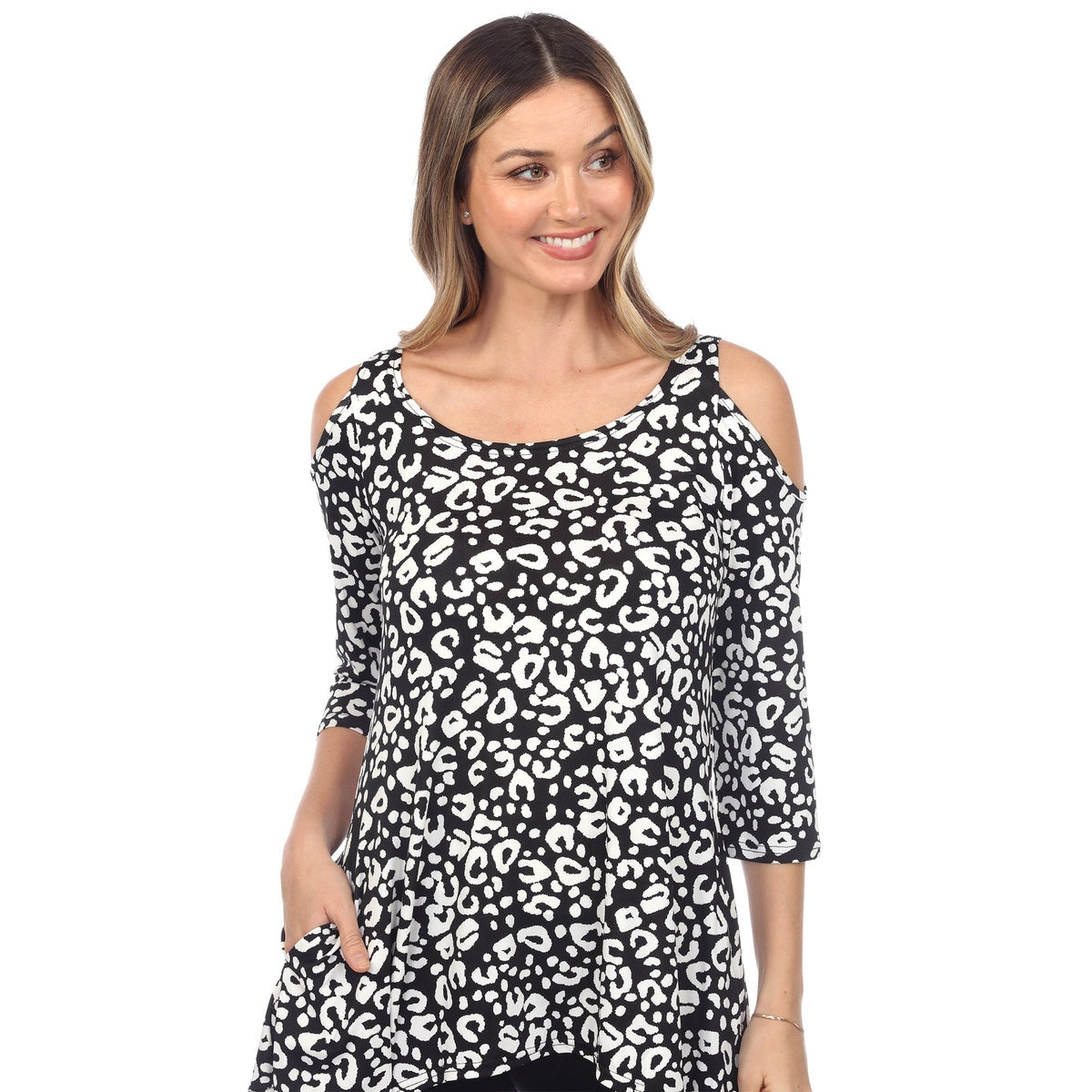  White Mark Women's Leopard Cold Shoulder Tunic - S - Bonton