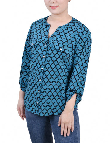 Petite 3/4 Sleeve Roll Tab Y Neck Blouse