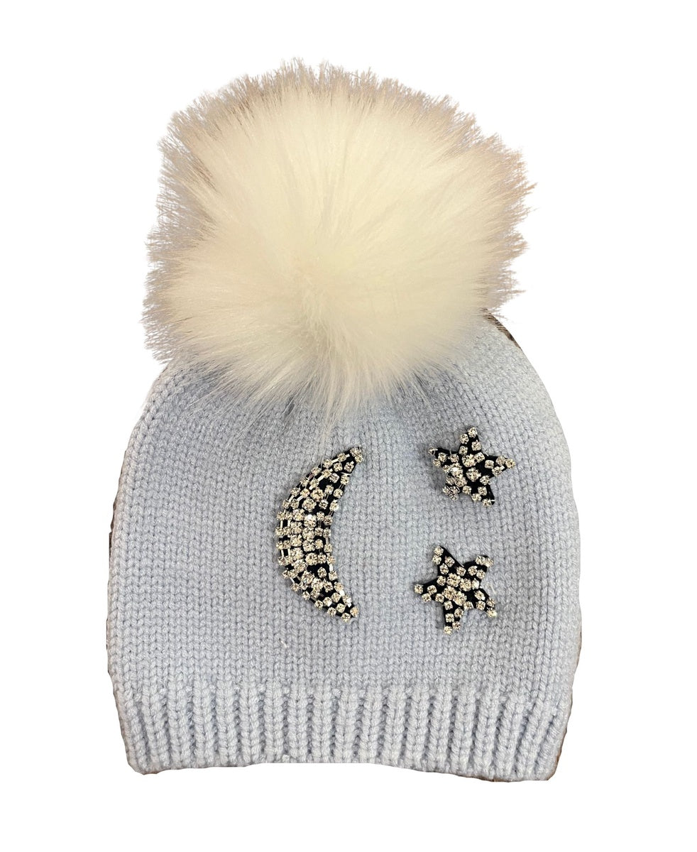  Marcus Adler Rhinestone Moon and Stars Pom Beanie - S/M - Bonton