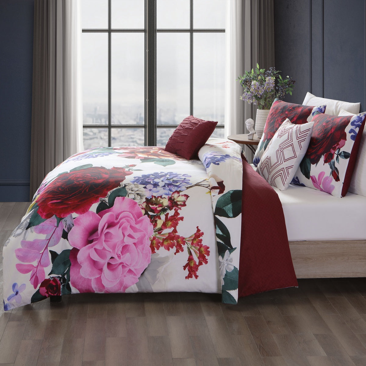  Bebejan Magenta Floral 100% Cotton 5 Piece Reversible Comforter Set - QUEEN - Bonton