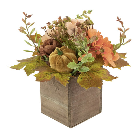 Floral and Pumpkin Wooden Box Fall Harvest Decoration - 10" X 8" - Orange and Brown