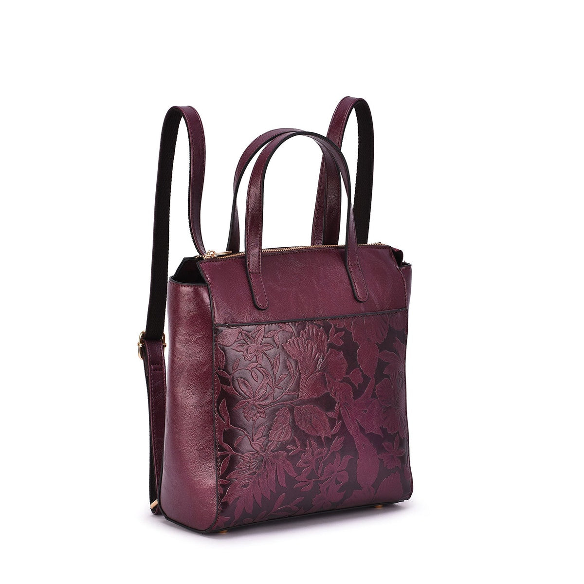  Mellow World Shia 3D Embossed Floral Convertible Shoulder Bag/Backpack - Maroon - Bonton