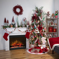 48" Red and White Velveteen Christmas Tree Skirt With White Trim