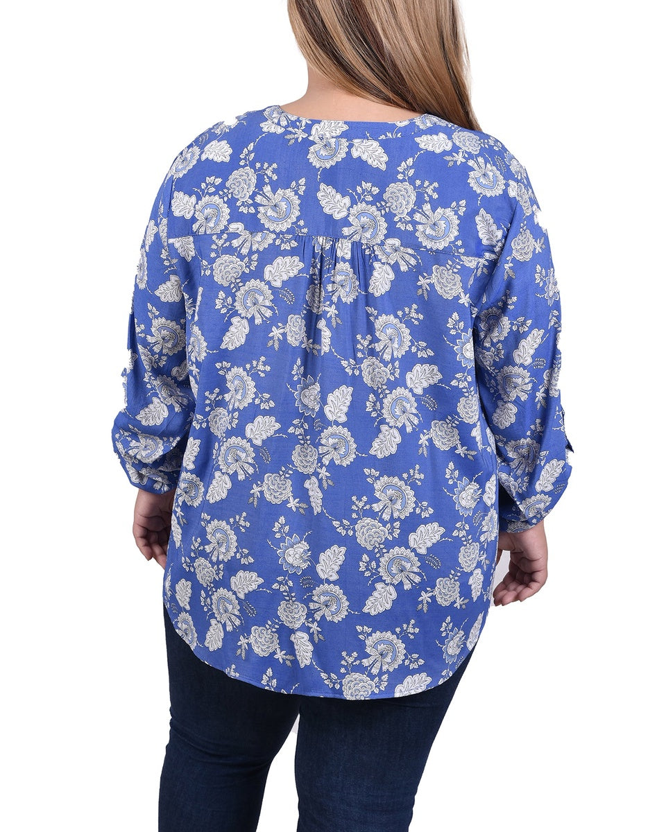  NY Collection Plus Size Long Roll Tab Sleeve Pintuck Front Blouse - Blue Chevron - Bonton