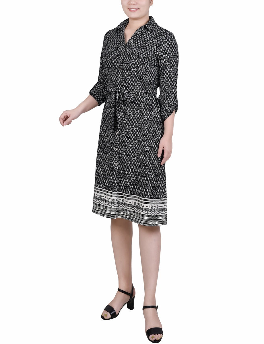  NY Collection 3/4 Roll Tab Sleeve Belted Shirtdress - Black Border - Bonton