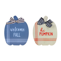 Fall Harvest Wooden "Hi Pumpkin" and "Welcome Fall" Plaques With Bow - 8" - Set of 2