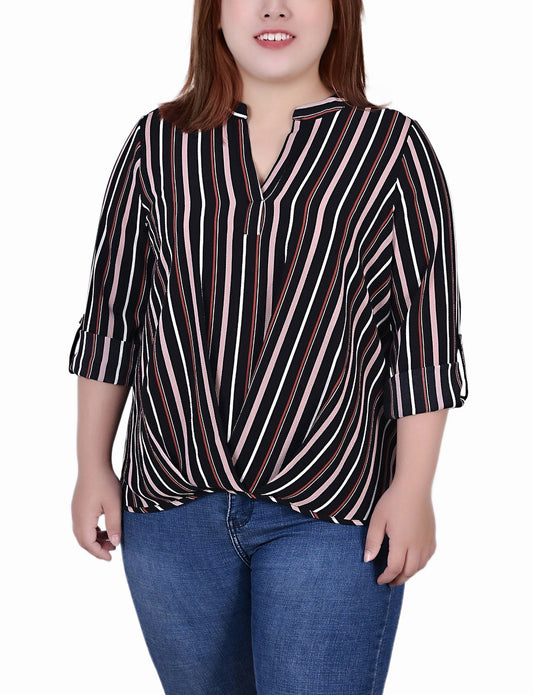 Plus Size 3/4 Sleeve Mandarin Collar Blouse With Front Pleats