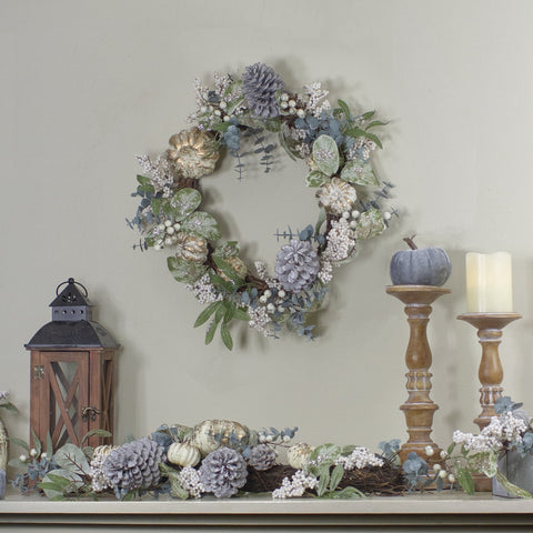 Neutral Colored Pumpkin and Pine Cones Fall Harvest Wreath - 18-Inch  Unlit