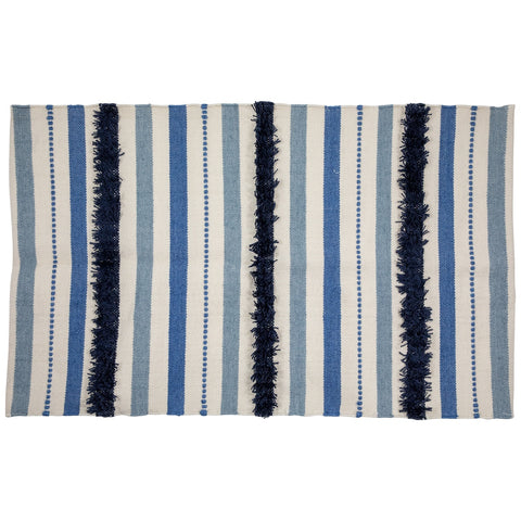 3.5' X 2.25' Blue  Cream and Black Striped Handloom Woven Outdoor Accent Throw Rug