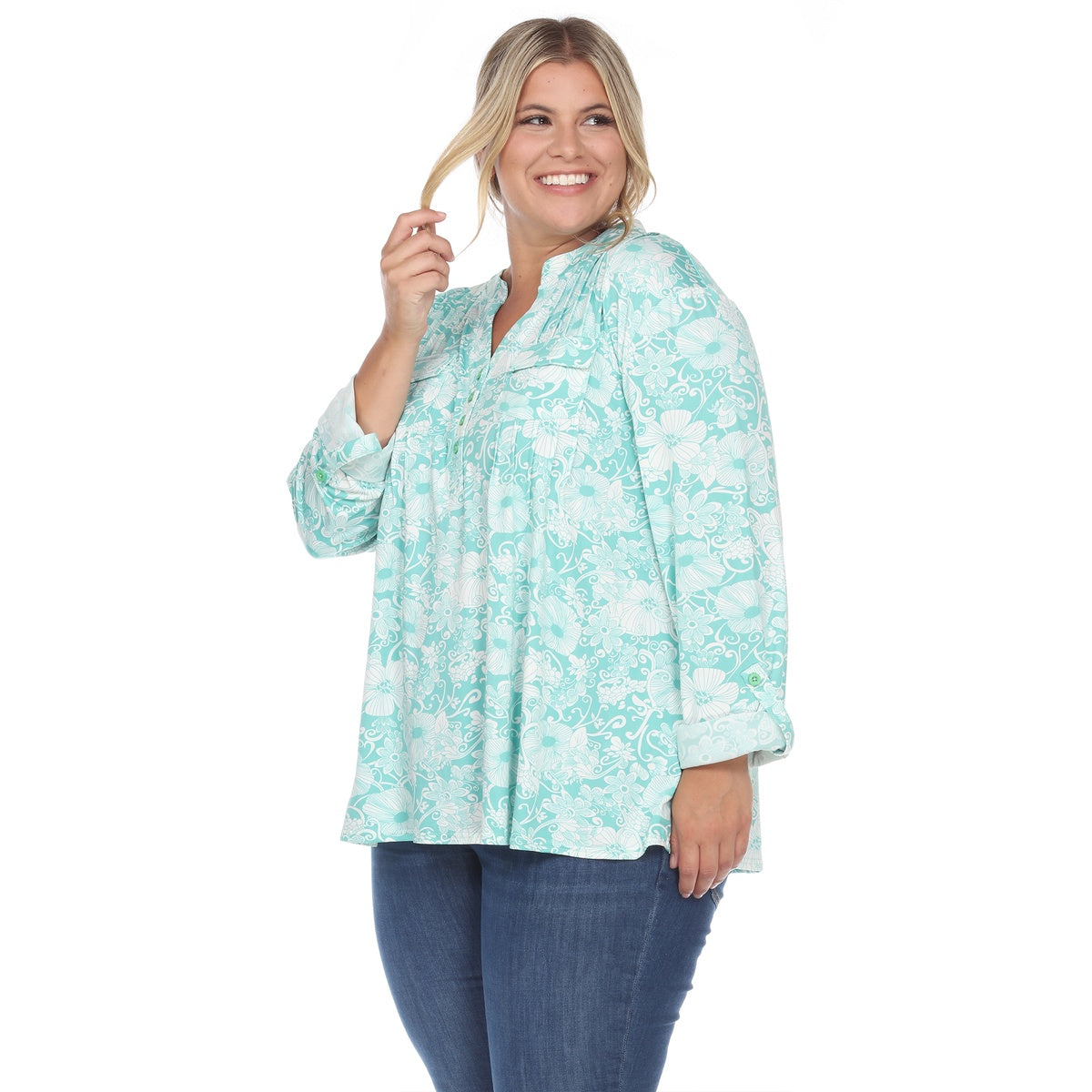  White Mark Plus Size Pleated Long Sleeve Floral Print Blouse - 1X - Bonton