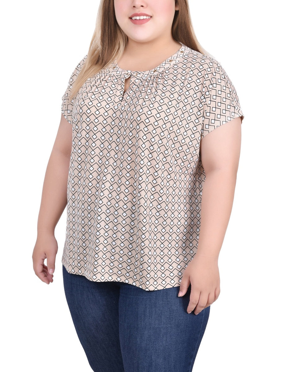  NY Collection Plus Size Extended Sleeve Top With Grommets - Black Blue Taupe Abstract - Bonton