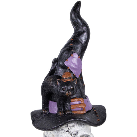 Skull and Skeleton Hands in Witch Hat With Cat Halloween Decoration - 22.75"
