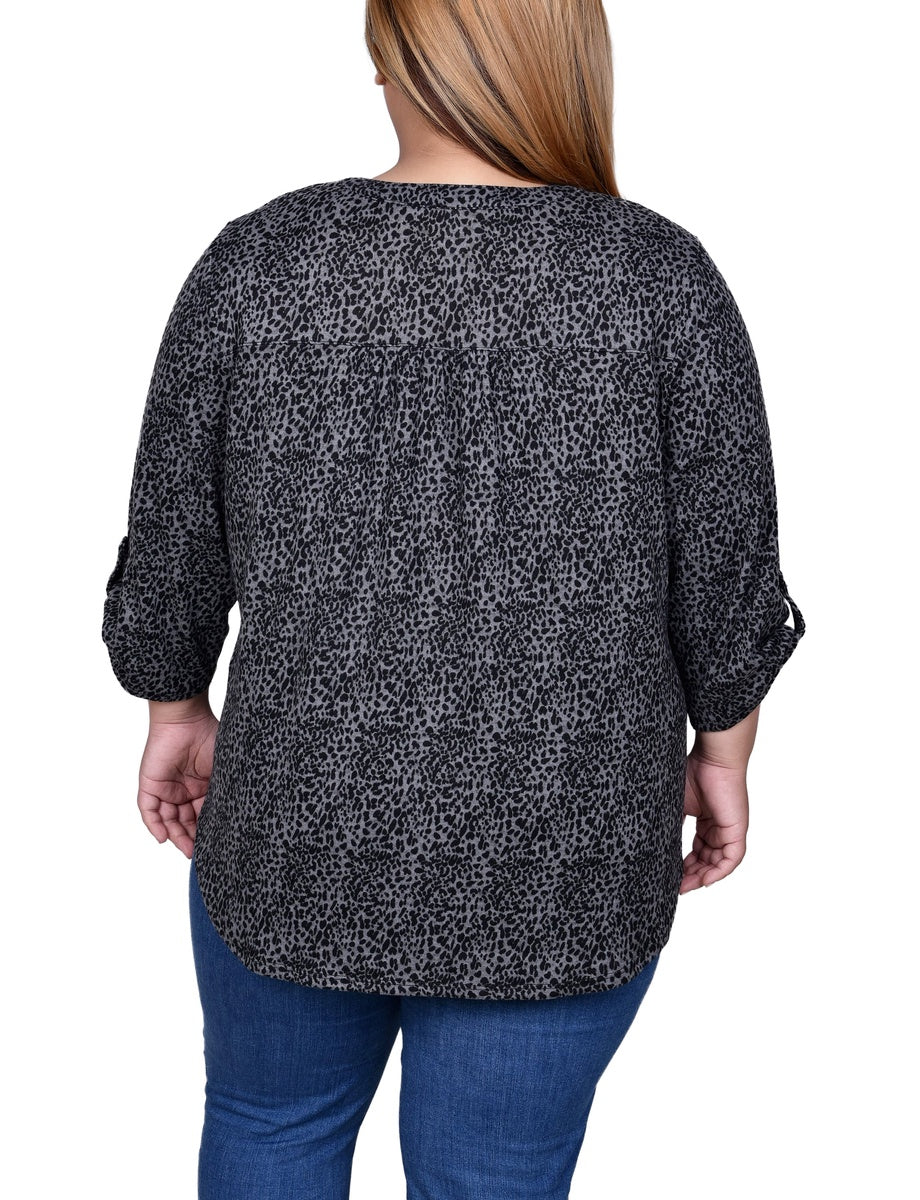  NY Collection Plus Size 3/4 Roll Sleeve Top - Black Grey Animal - Bonton