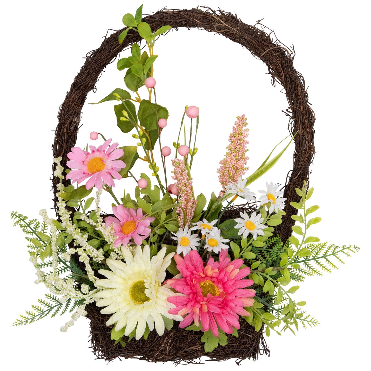  Northlight Chrysanthemum and Daisy Twig Basket Wreath Spring Decor  Pink and Yellow 17