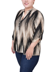 Plus Size 3/4 Roll Tab Sleeve Y Neck Top