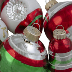 2-Finish Striped Glass Christmas Ornaments - 3.25" - Silver and Red - 9ct