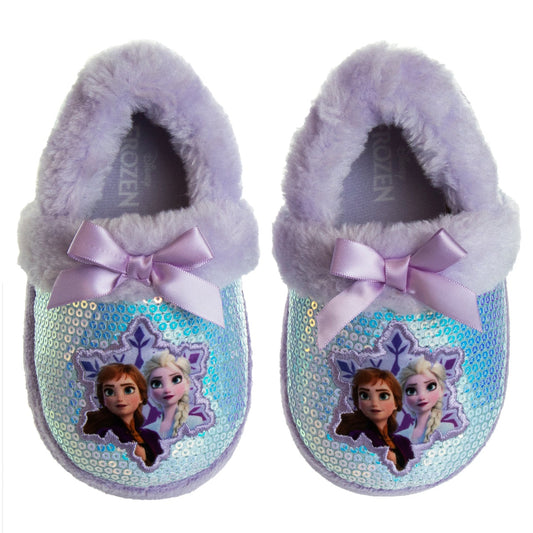 Disney Frozen Girls Slippers - Elsa and Anna Plush Lightweight Warm Comfort Soft Aline House Shoes - Purple (Sizes 5-12 Toddler)