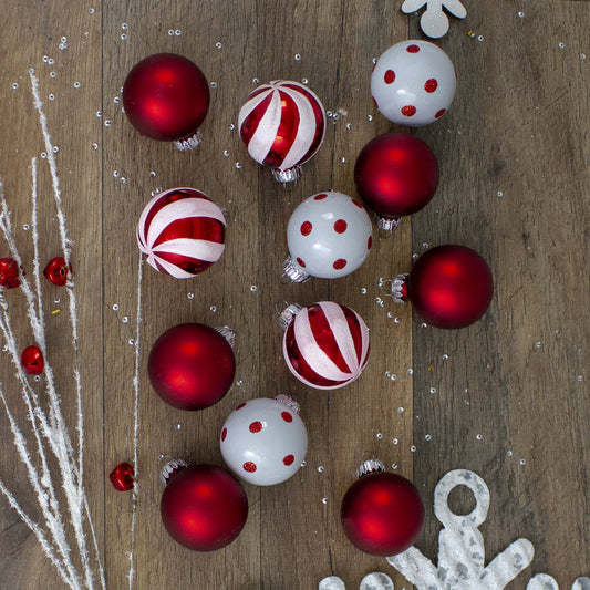 12ct Red and White Glass 3-Finish Christmas Ball Ornaments 1.75" (40mm)