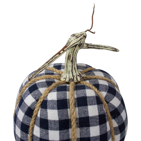 Plaid Fall Harvest Pumpkin With Weathered Stem - 7.75" - Dark Blue and White