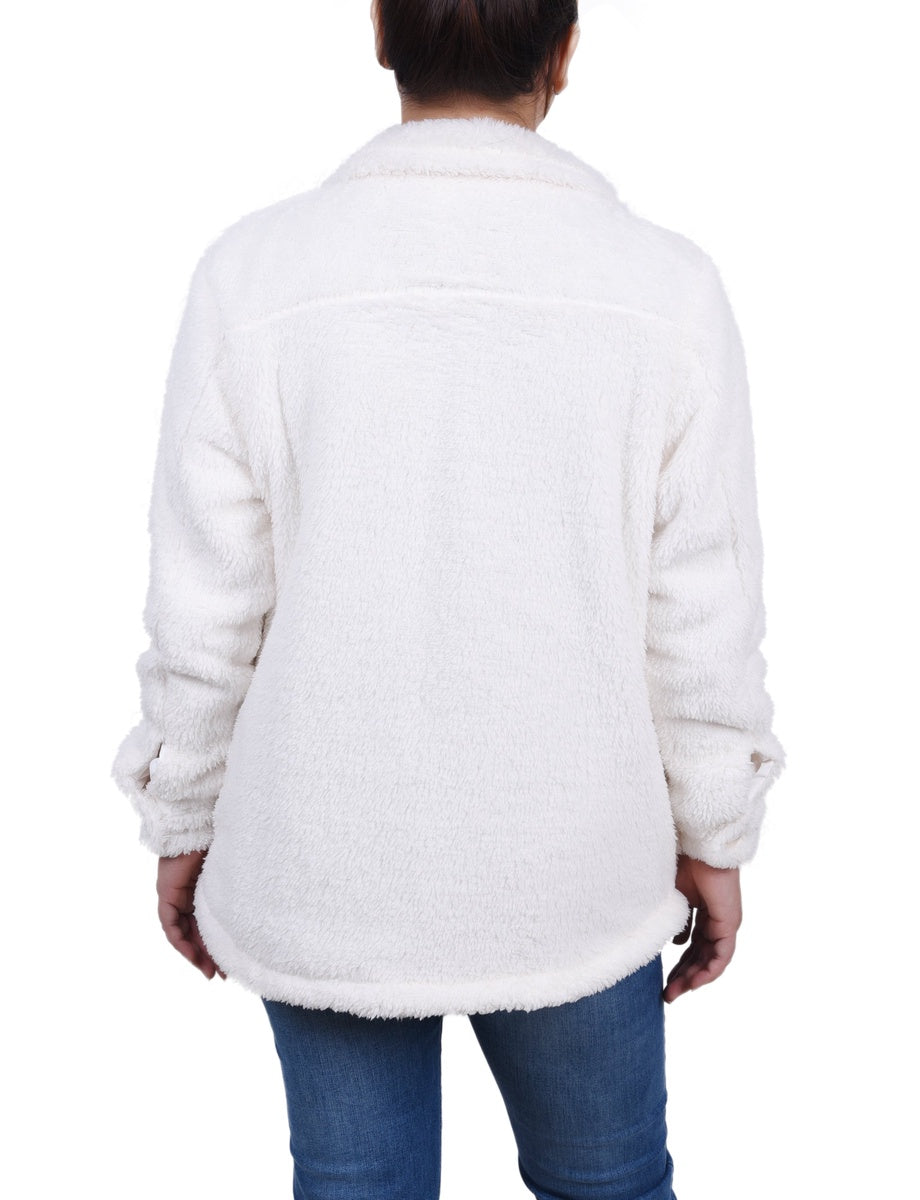  NY Collection Long Sleeve Button Front Sherpa Jacket - Ivory - Bonton