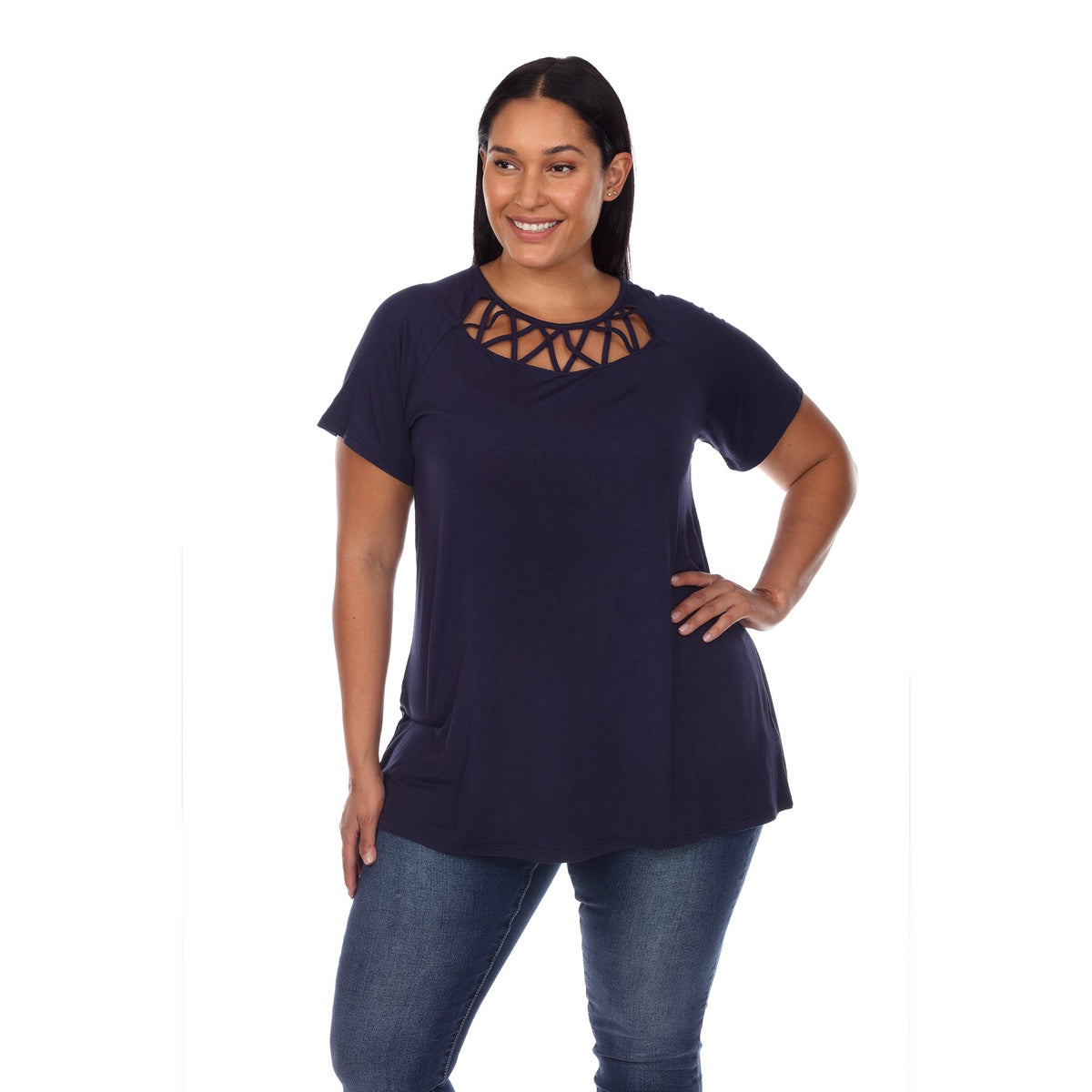  White Mark Plus Size Crisscross Cutout Short Sleeve Top - 1X - Bonton