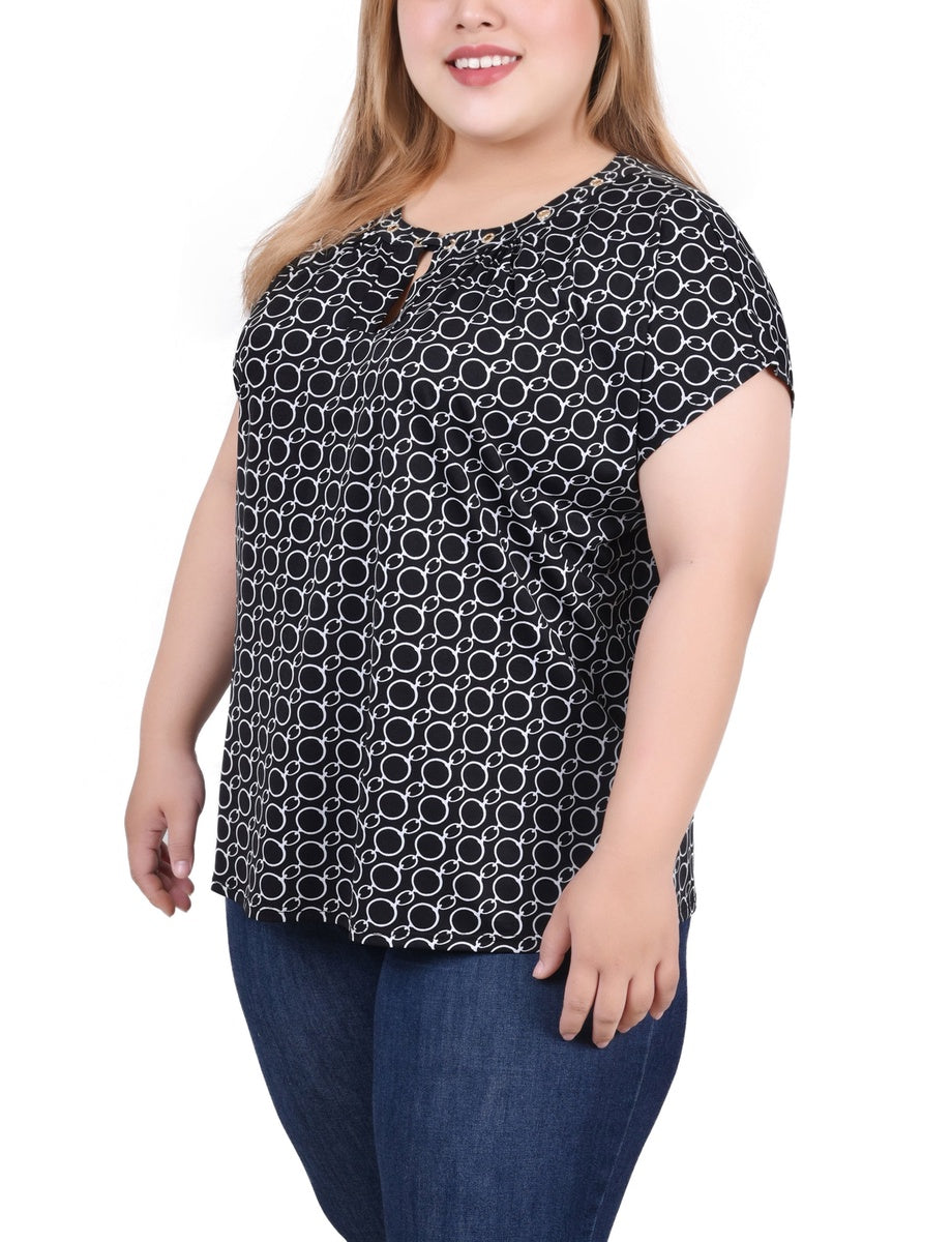  NY Collection Plus Size Extended Sleeve Top With Grommets - Black Blue Taupe Abstract - Bonton